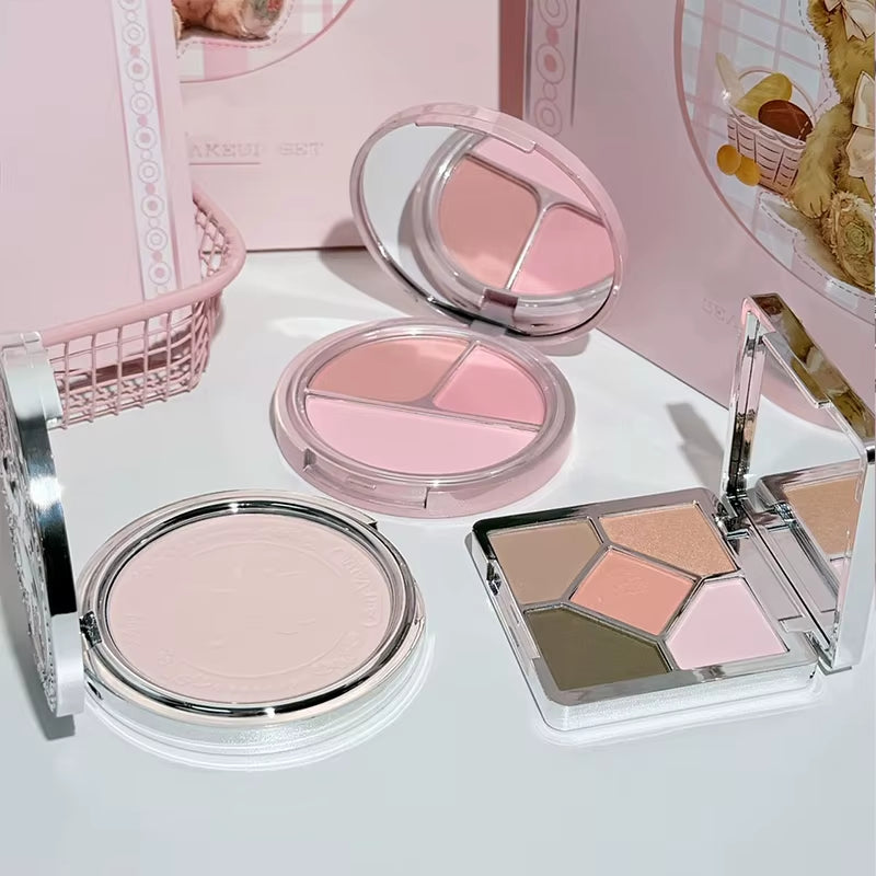 7PC Makeup Sets Include 3 Colors Lip Mud,1 Pressed Powder,1 Blush,1 Eyeshadow Palette,1 Necklace Beauty Makeup Sets